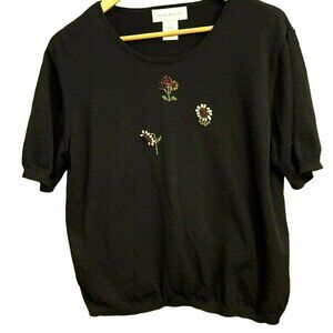 Susan Bristol Women Black Beaded Floral Embroidered Sweater Size XL Short Sleeve